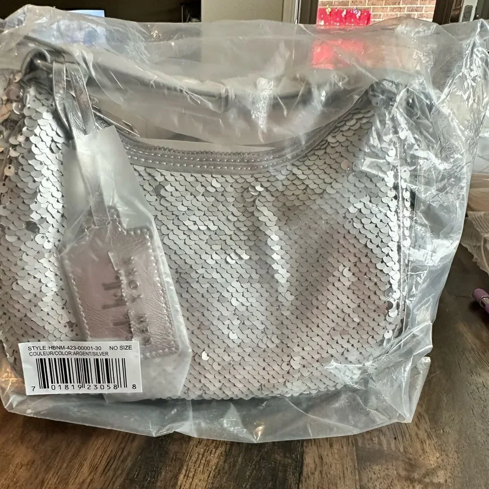 NWT Nicole Miller Silver Sequin Vegan Leather Small HOBO Shoulder Purse Handbag